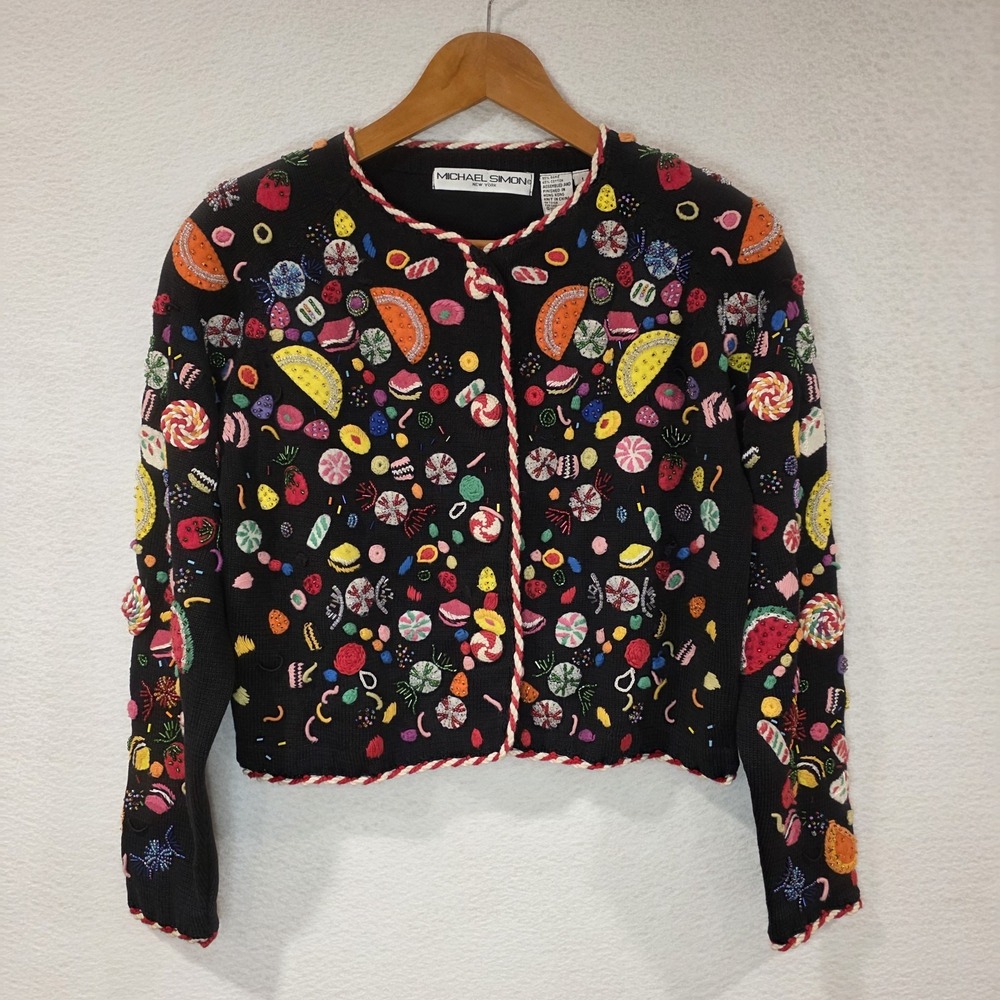 Vtg Michael Simon Sweater Womens 1 Medium Black Candy Fruit Cardigan 1994